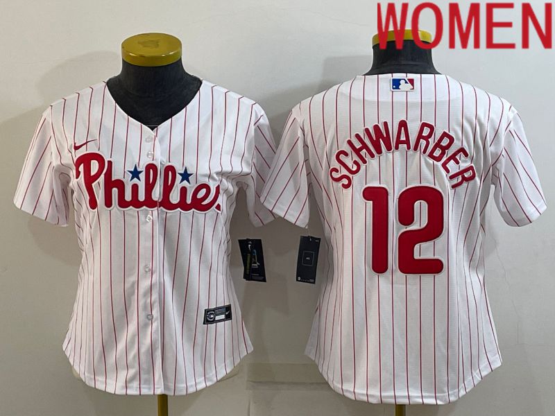 Women Philadelphia Phillies 12 Schwarber White Stripe Game Nike 2022 MLB Jersey